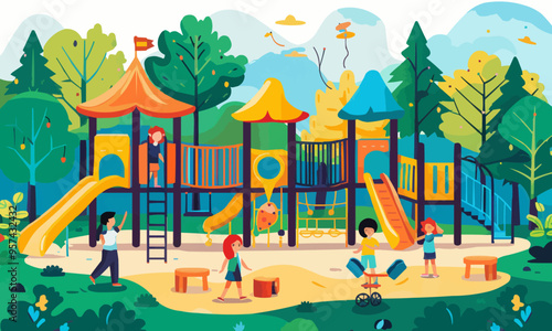 A flat vector of a playground with kids playing.
