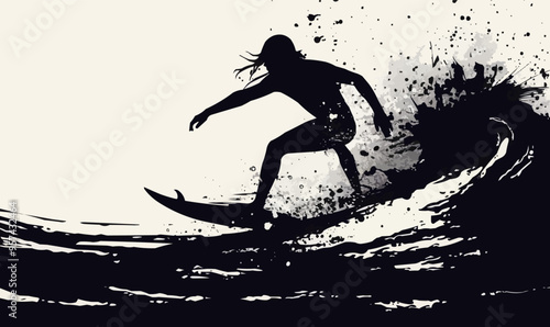 A silhouette vector of a person surfing.