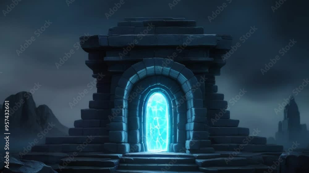 mysterious glowing blue portal in a dark, ancient stone structure ...