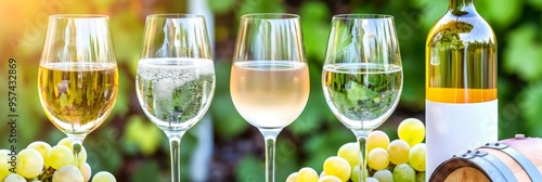 n assortment of red, white, and rosé wines with glasses and grape bunches, placed before a scenic vineyard landscape at golden hour. photo