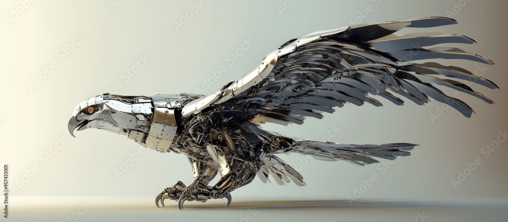 Fototapeta premium 3D illustration of a metal eagle in an attack pose viewed from the side