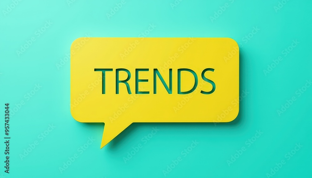 Yellow speech bubble with 'Trends' text on a turquoise background, representing popular topics and contemporary discussions. Yellow speech bubble with 'Trends' text on a turquoise background, representing popular topics and contemporary discussions.