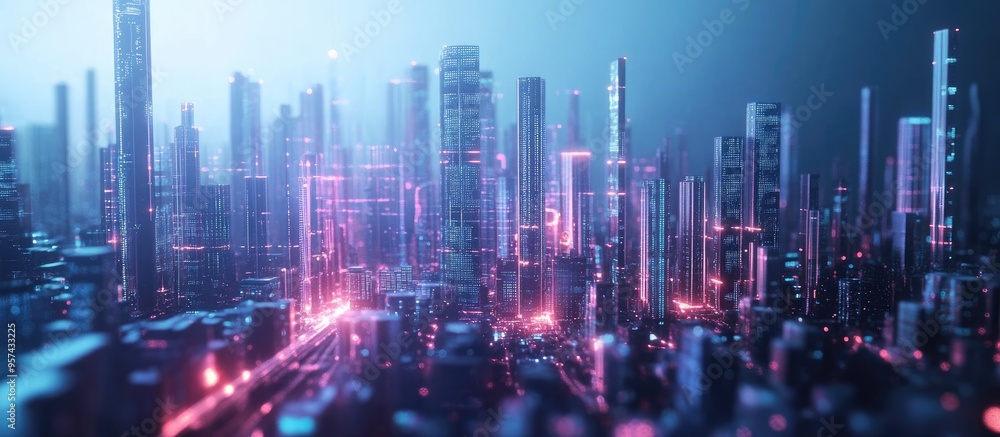 Holographic data theme illustration featuring a cityscape with skyscrapers utilizing double exposure techniques to convey an AI concept Holographic data theme illustration featuring a cityscape with skyscrapers utilizing double exposure techniques to convey an AI concept