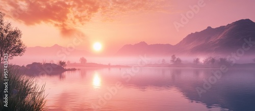 Vibrant sunrise over a tranquil landscape highlighting the beauty of nature with soft hues and peaceful scenery photo