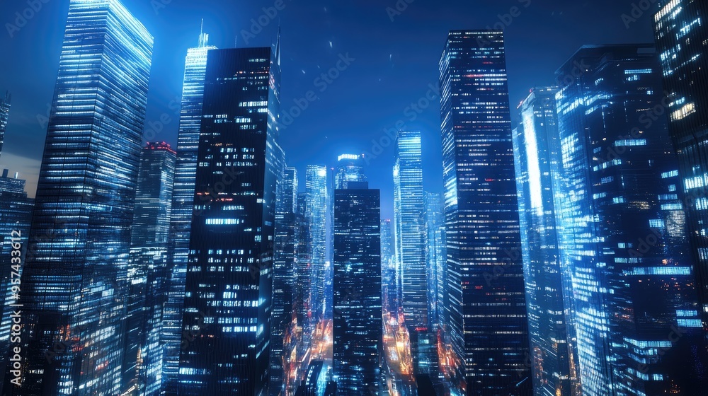 Obraz premium Futuristic city skyline at night featuring modern lit up skyscrapers Ideal backdrop for cutting edge technology themes