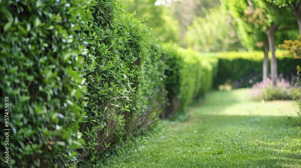 Close-up of neatly trimmed green hedges in a garden, with sunlight casting soft shadows on the grass Close-up of neatly trimmed green hedges in a garden, with sunlight casting soft shadows on the grass