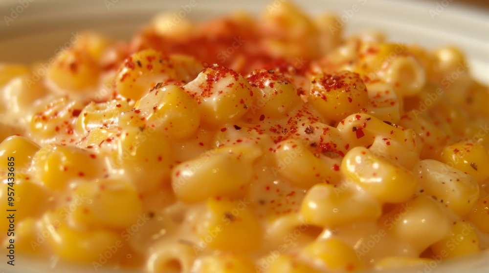 Close-up of butter creamy corn and cheese with paprika Close-up of butter creamy corn and cheese with paprika
