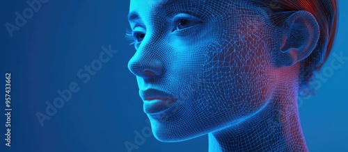 Fototapeta Naklejka Na Ścianę i Meble -  3D wireframe illustration of a young female face on a blue background representing technology cyborgs digital avatars and futuristic concepts