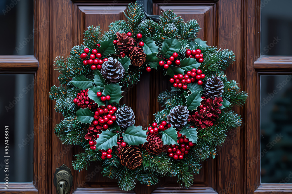 Naklejka premium A traditional Christmas wreath made of pine, holly, and red berries, hanging on a front door. Concept of holiday welcome and festive decor.