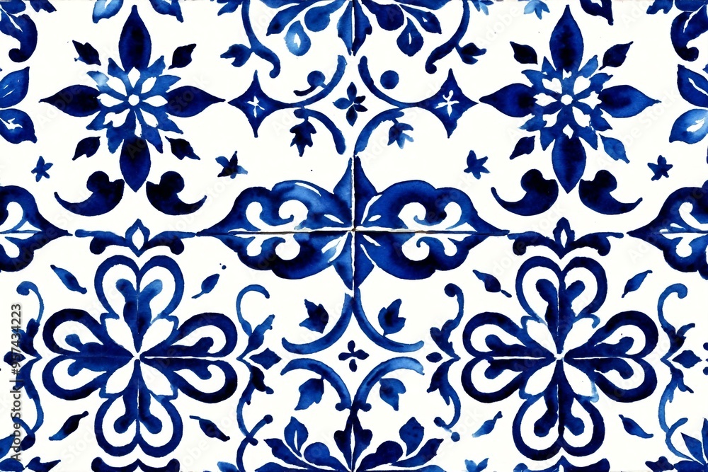 Close-up view of a blue and white tile with geometric patterns Close-up view of a blue and white tile with geometric patterns