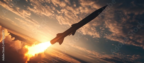 Air defense missile launches soar into the sky during sunset The missile defense system demonstrates its salvo fire capabilities photo