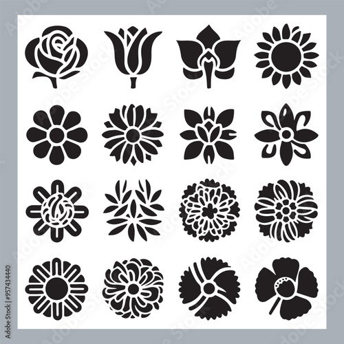 Set of logotype icons flowers Rose, Tulip, Orchid, Sunflower, Lily, Daisy, Daffodil, Jasmine, Lavender, Marigold, Peony, Chrysanthemum, Hibiscus, Poppy, Violet silhouettes in white background