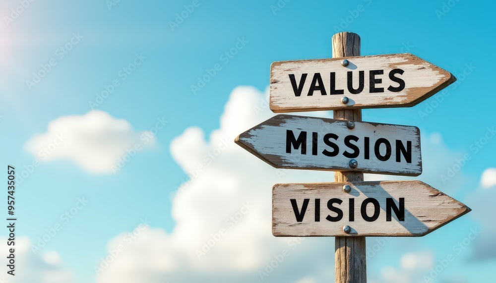 Wooden signpost with 'Values', 'Mission', and 'Vision' against a bright blue sky and scattered clouds background. Wooden signpost with 'Values', 'Mission', and 'Vision' against a bright blue sky and scattered clouds background.