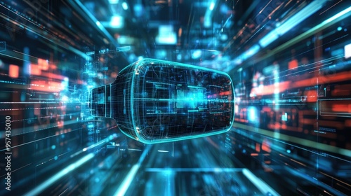 Futuristic virtual reality backdrop featuring 3D rendering for immersive experiences in augmented and extended reality concepts