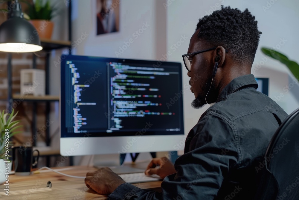 He is typing on a keyboard and he is focused on his work,generative ai image He is typing on a keyboard and he is focused on his work,generative ai image