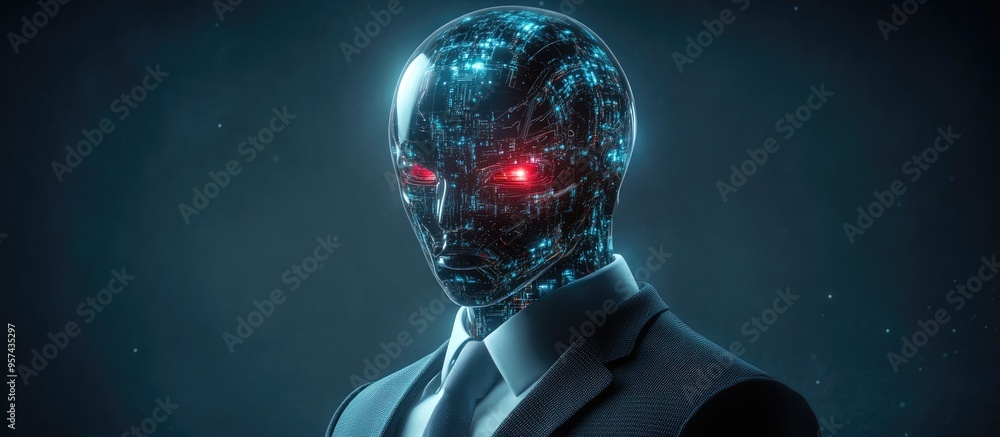 Humanoid figure in a business suit symbolizing the fusion of business and artificial intelligence Humanoid figure in a business suit symbolizing the fusion of business and artificial intelligence
