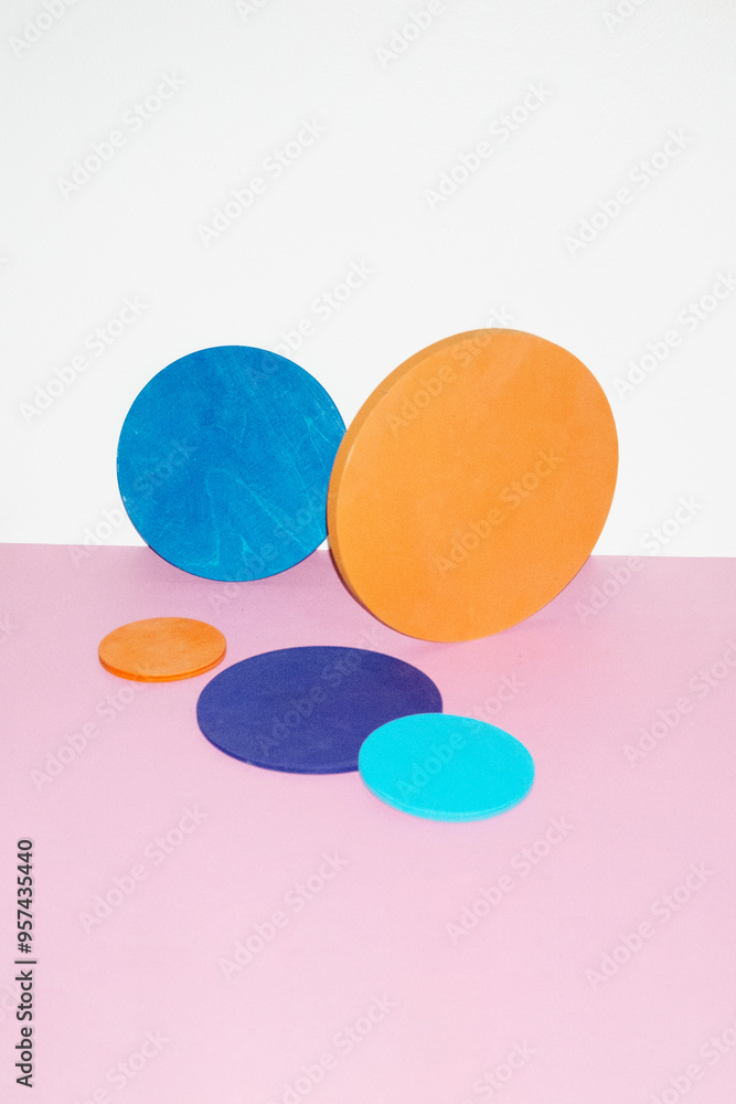 Geometric colorful disc circle shapes with hard direct flashlight Geometric colorful disc circle shapes with hard direct flashlight