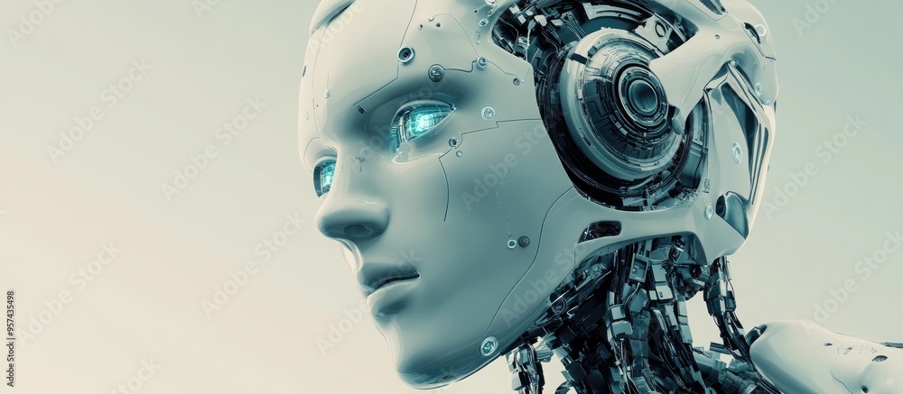 3D illustration of a humanoid robot head representing artificial intelligence showcasing a digital brain and advanced cybernetic concepts in a futuristic context 3D illustration of a humanoid robot head representing artificial intelligence showcasing a digital brain and advanced cybernetic concepts in a futuristic context
