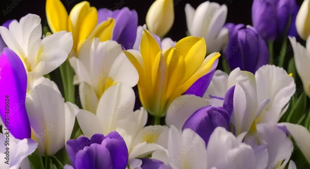 Spring bouquet of Irises tulips rotates Yellow and blue flower Bud close up Floral background Purple iris white double tulip Amazing colourful flowers blooming Wedding Valentines Day Mothers 4k animat Spring bouquet of Irises tulips rotates Yellow and blue flower Bud close up Floral background Purple iris white double tulip Amazing colourful flowers blooming Wedding Valentines Day Mothers 4k animat