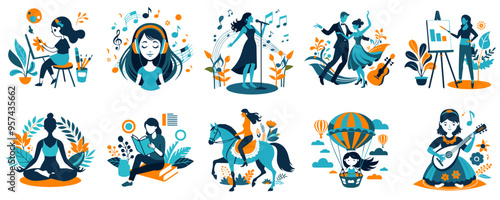 Creative Women with Joyful Expression Pursuing Artistic Passions against Colorful Backgrounds