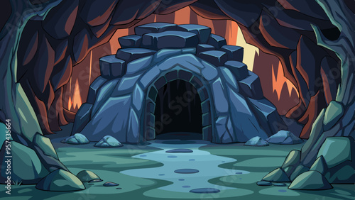 cartoon vector illustration of stone cave entrance at night time, halloween background photo