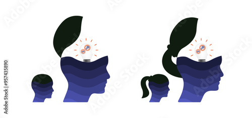 Blue open minded businessman, businesswoman, 3d head shape lightbulb, gears. Abstract idea concept vector illustration to use for business, logical thinking, open mind, knowledge, learning, projects. 