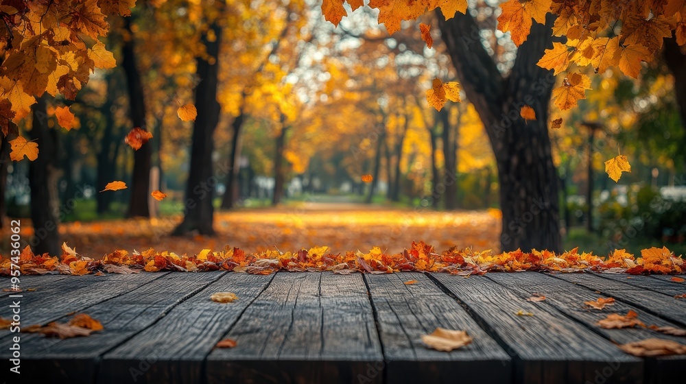 Autumn leaves scattered on wooden table with a blurry park pathway in the background, golden sunlight filtering through trees, serene outdoor setting Autumn leaves scattered on wooden table with a blurry park pathway in the background, golden sunlight filtering through trees, serene outdoor setting