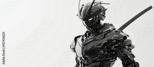 3D illustration of a male robotic samurai against a plain white backdrop