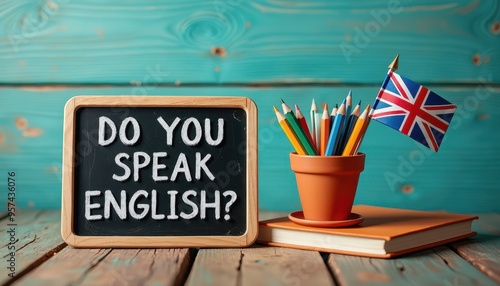 Chalkboard with 'Do You Speak English?' text, pencils in a pot, and British flag against a wooden background.