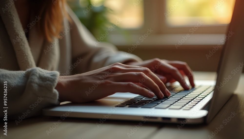 Fototapeta premium A woman in a cozy robe types on a laptop in a warmly lit room, her hands poised over the keyboard.