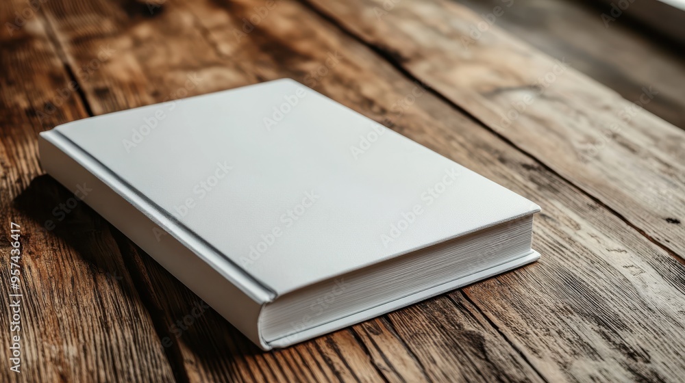 Minimalist blank white book cover placed on a rustic wooden table in a soft natural light environment, closeup photography for mockup and design presentations. Minimalist blank white book cover placed on a rustic wooden table in a soft natural light environment, closeup photography for mockup and design presentations.