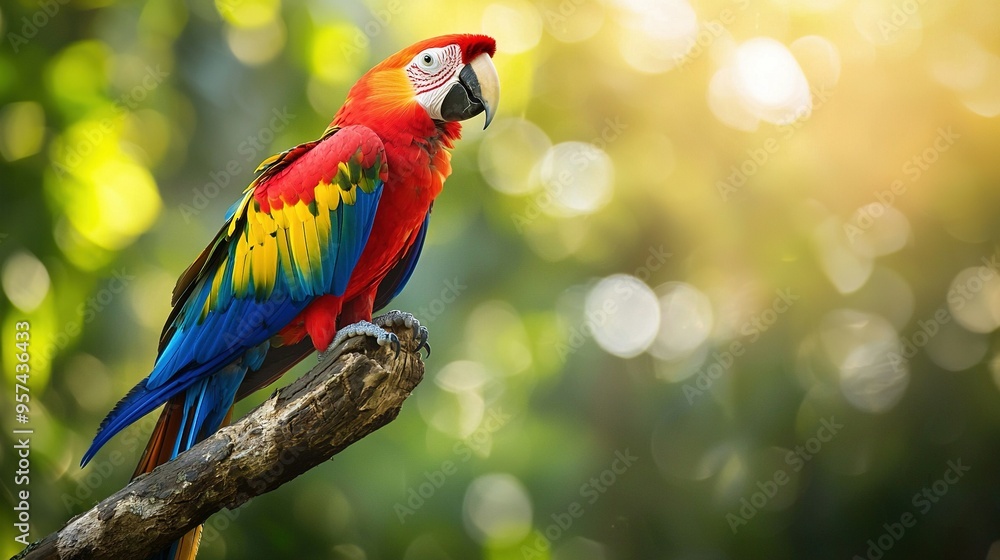A vivid parrot sat atop a tree branch amidst a lush green and yellow foliage A vivid parrot sat atop a tree branch amidst a lush green and yellow foliage