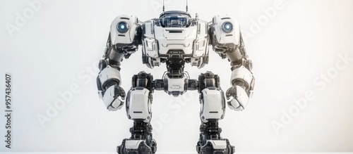 3D illustration of a large robot walking in a rear view against a white background