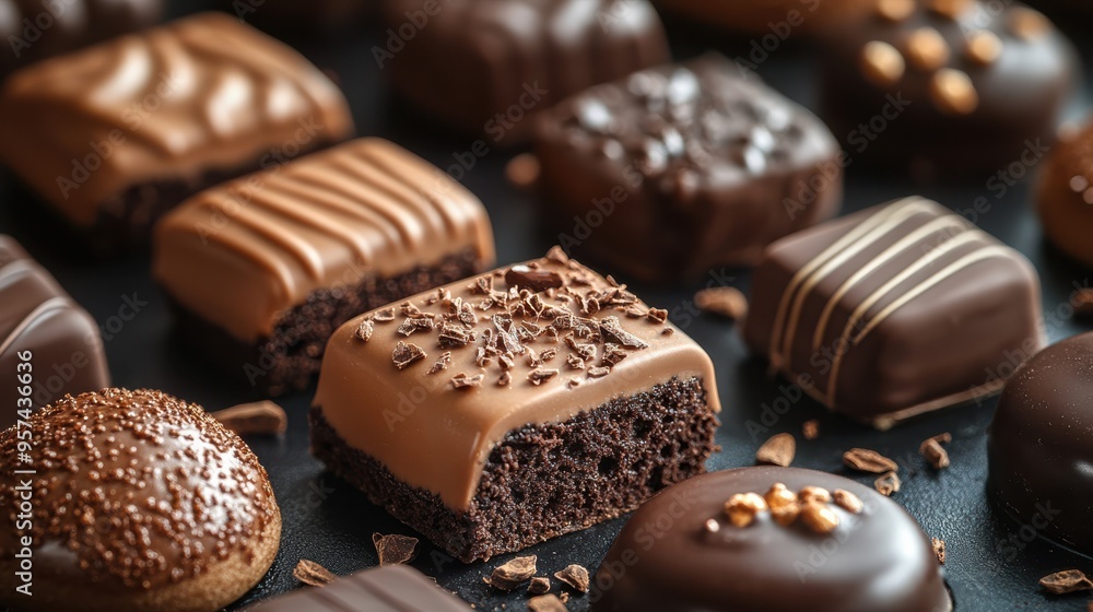 Close-up of assorted chocolate pastry cakes and cookies in a bakery. Sweet desserts with chocolate coating, gourmet treats, and indulgent bites. Close-up of assorted chocolate pastry cakes and cookies in a bakery. Sweet desserts with chocolate coating, gourmet treats, and indulgent bites.