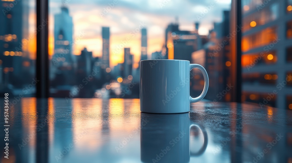 White mug placed on a shiny table in a modern city apartment with a panoramic window view of the urban skyline at sunset. Minimalist and cozy coffee moment. White mug placed on a shiny table in a modern city apartment with a panoramic window view of the urban skyline at sunset. Minimalist and cozy coffee moment.