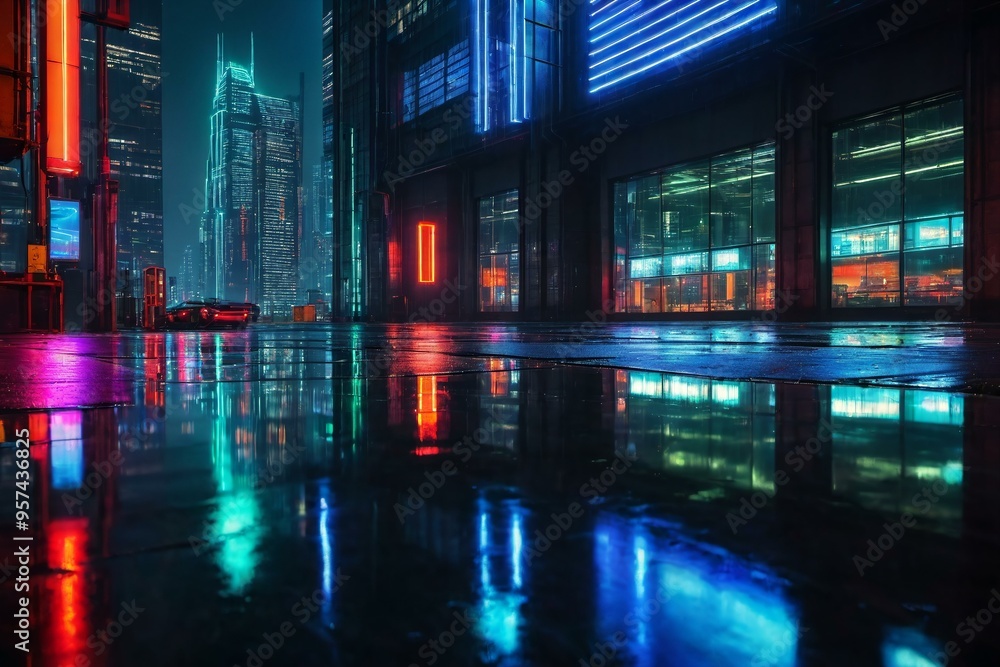 A city street illuminated by neon lights at night A city street illuminated by neon lights at night
