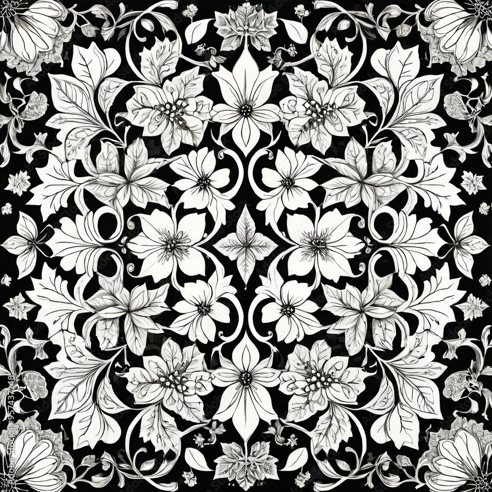 A beautiful floral design in black and white on a black background, perfect for use as a decorative element or design inspiration A beautiful floral design in black and white on a black background, perfect for use as a decorative element or design inspiration