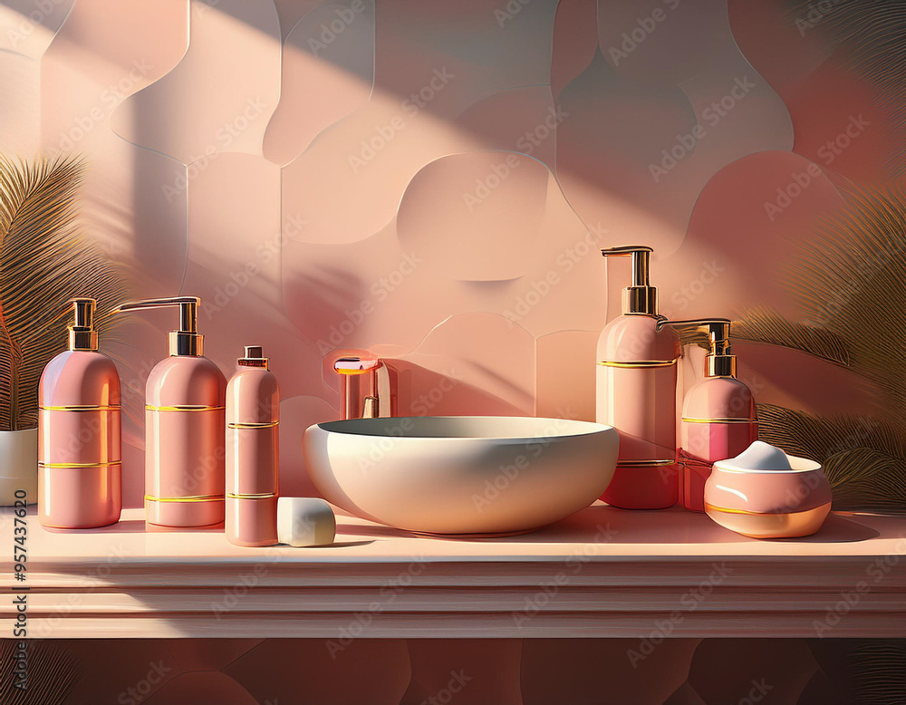 Modern Bathroom Interior with Cosmetic Product Display 3D Illustration Modern Bathroom Interior with Cosmetic Product Display 3D Illustration