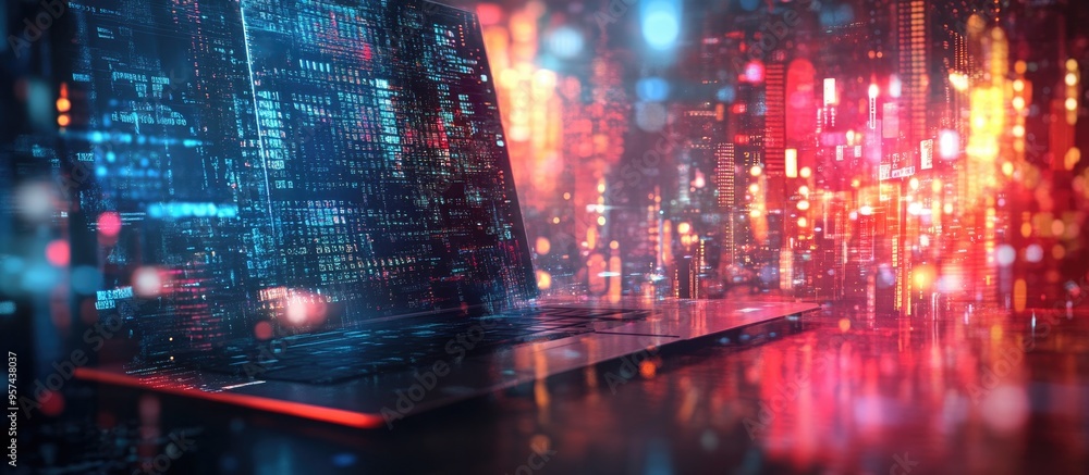 Fototapeta premium Double exposure of a desktop featuring a computer and a technological design Represents the concept of big data and innovation