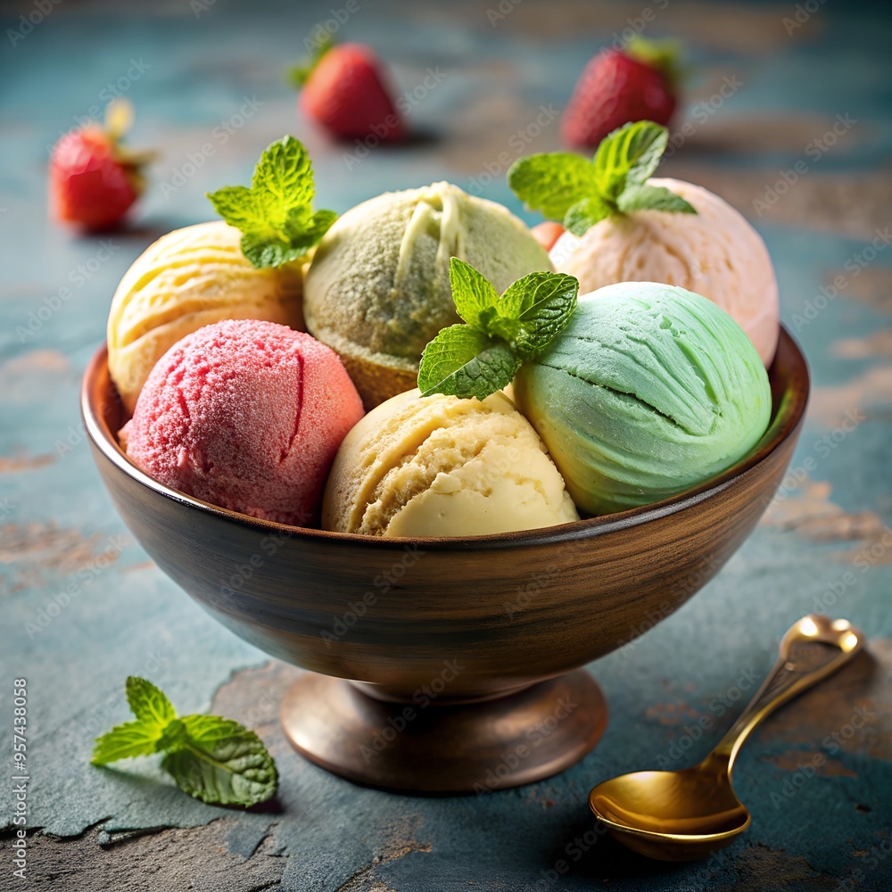 Ice cream scoops in a beautiful bowl. Ice cream scoops in a beautiful bowl.