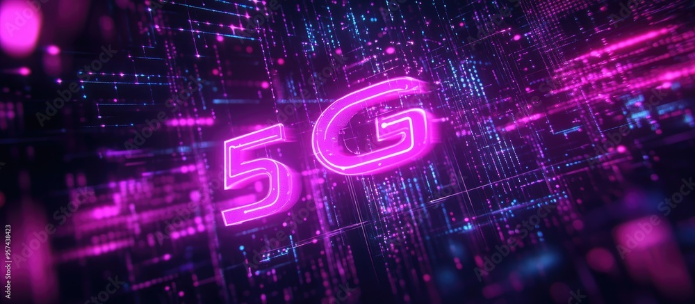 Animated 5G neon text on a black background illustrating global networking and digital advancement through wireless connections with a binary backdrop for cloud computing and programming Animated 5G neon text on a black background illustrating global networking and digital advancement through wireless connections with a binary backdrop for cloud computing and programming