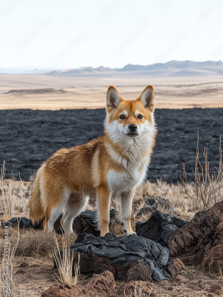 Golden-furred dog standing atop a rock formation in the wilderness against a vast landscape of plains and distant hills in the background Golden-furred dog standing atop a rock formation in the wilderness against a vast landscape of plains and distant hills in the background