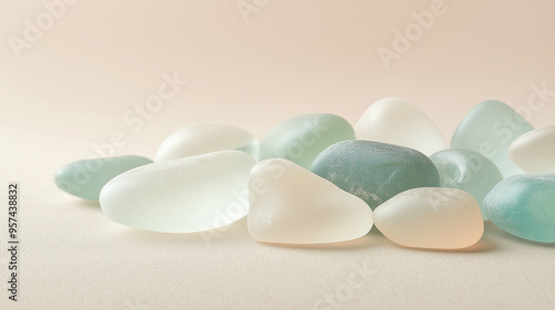 a collection of sea glass in soft hues against an isolated light sand beige background