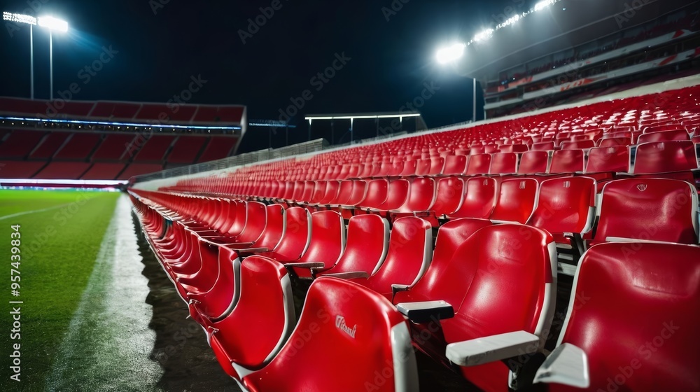 Fototapeta premium Stadium Filled With Red Seats and Green Field