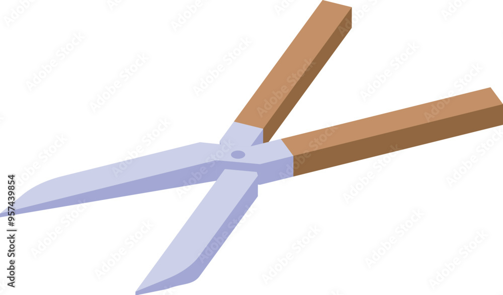 Steel garden scissors with wooden handles cutting grass in isometric view Steel garden scissors with wooden handles cutting grass in isometric view