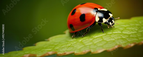 Ladybug maro shot on green leaf. Ledybird detail in natural habitat.