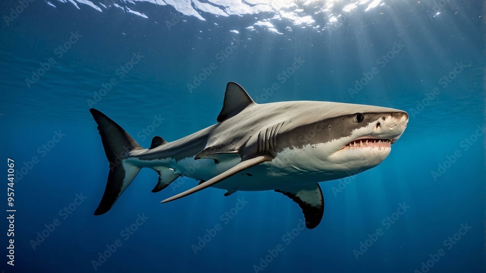 Fototapeta premium Great white shark swimming underwater with sun rays above, close-up view highlighting teeth and powerful body