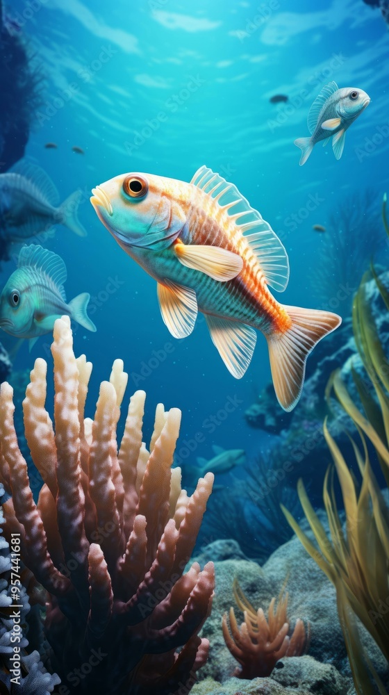 Fototapeta premium Colorful tropical fish swimming among vibrant coral reefs in clear blue ocean water