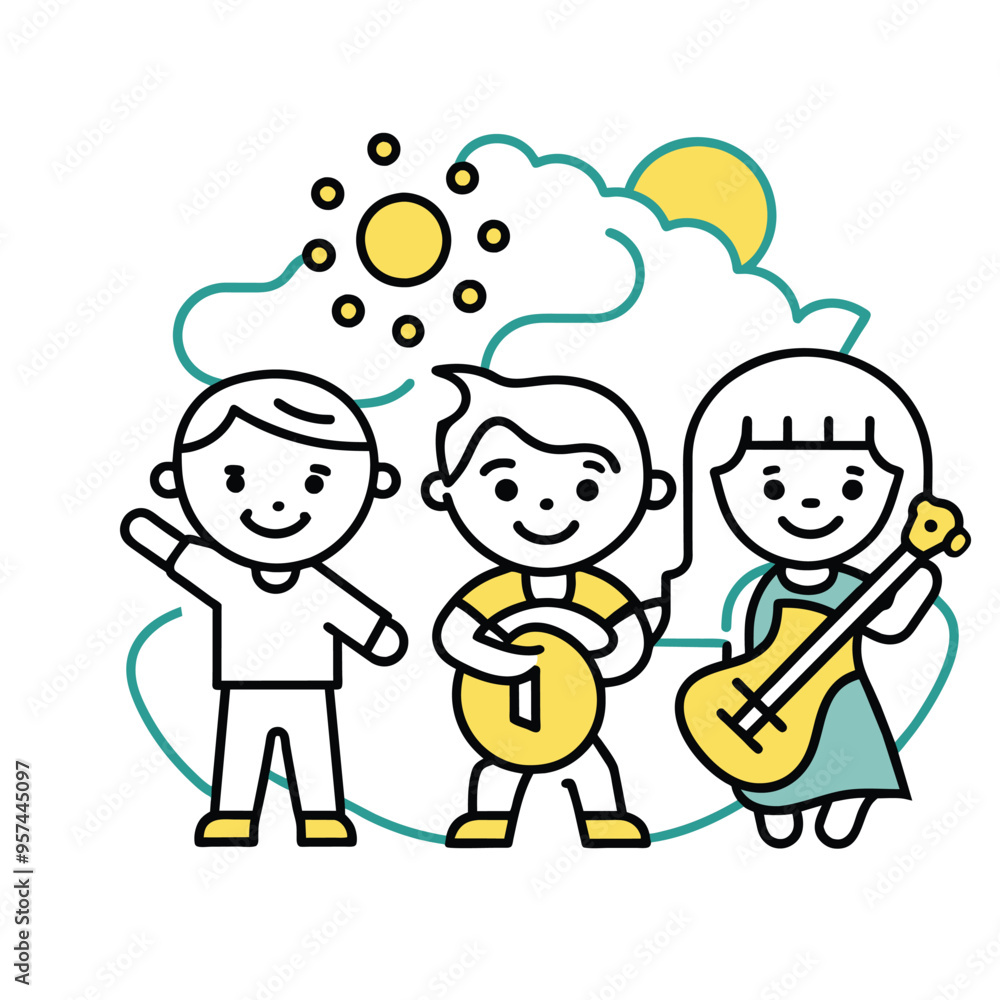 A colorful poster featuring three happy children playing music in a park, perfect for celebrating Childrens Day. A colorful poster featuring three happy children playing music in a park, perfect for celebrating Childrens Day.