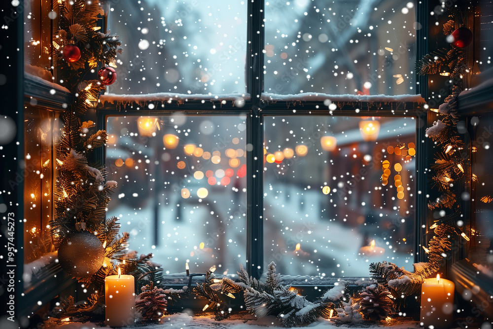 Christmas and New Year holidays background. View from the window on the snow-covered street. Christmas and New Year holidays background. View from the window on the snow-covered street.